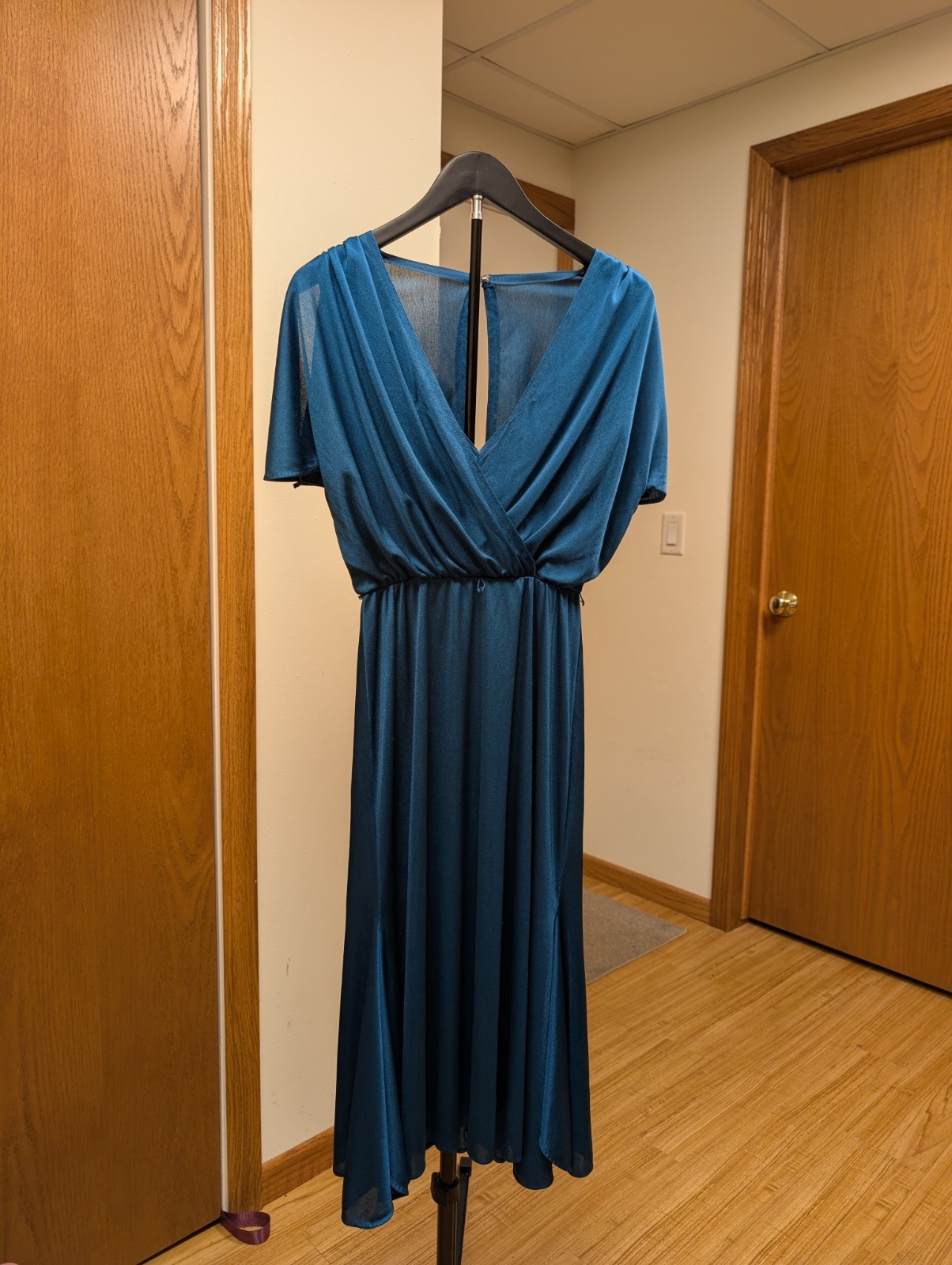 Teal Jersey Disco Dress Size 11/12 Flutter Sleeve V-Neck Keyhole Back Vintage