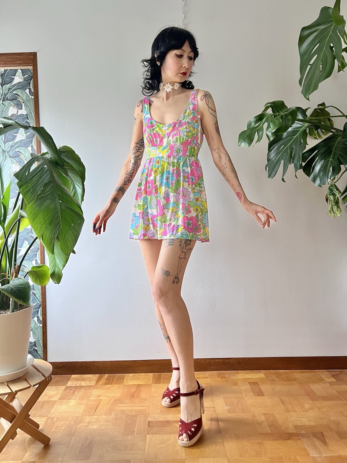 60s Mod Psychedelic Swirl Floral Babydoll Mini Dress Neon Pink Lounge Dress M/L