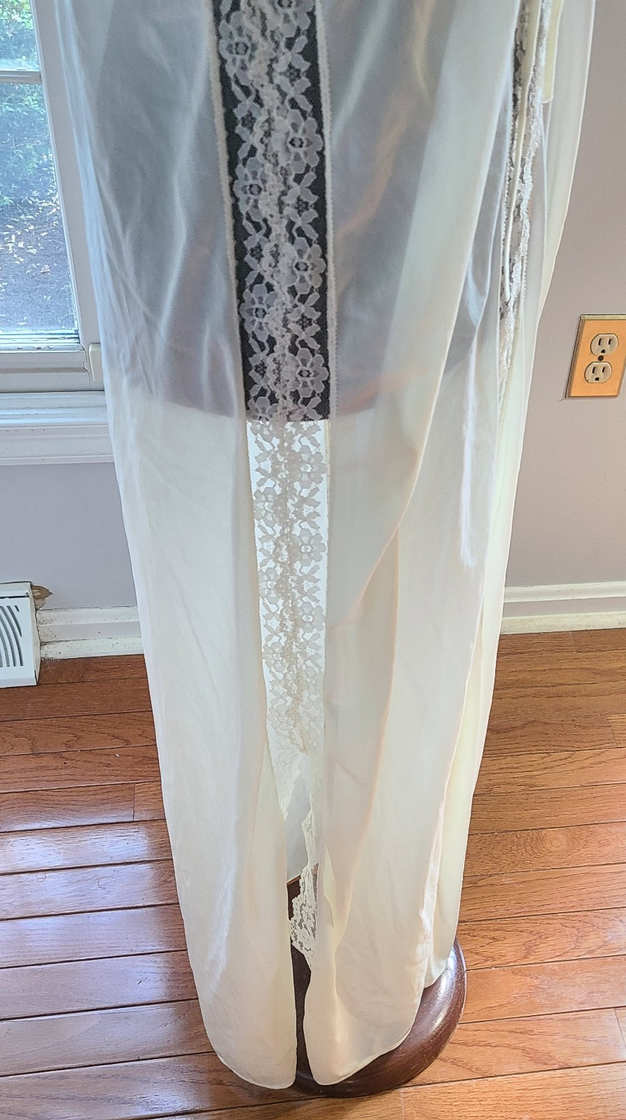 Vtg Long NIGHTGOWN Medium Nylon Lace Ethereal Slip Cream Color Bow Slit in Front