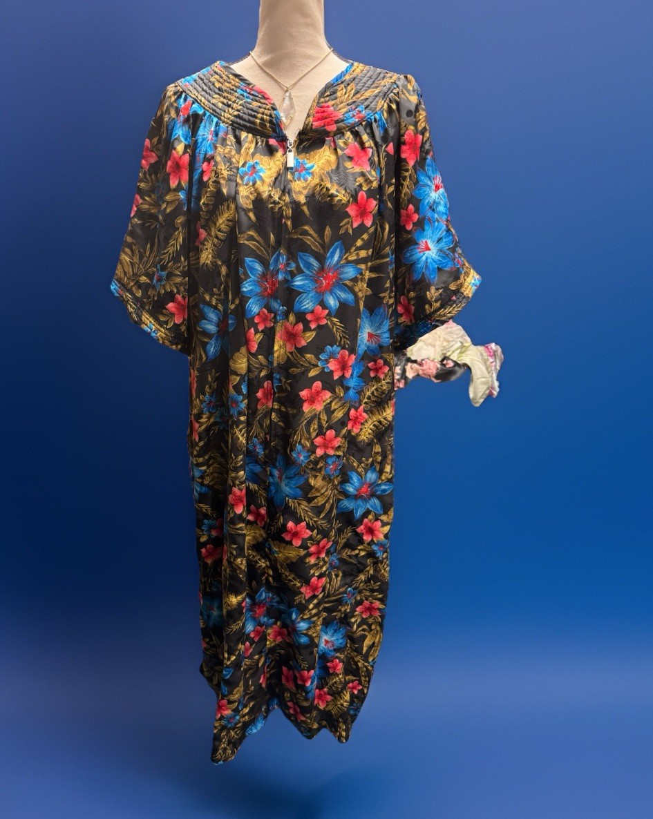 Vintage Tropical Hawaiian Maxi Zip Dress Kaftan Caftan Muumuu Floral Hibiscus OS