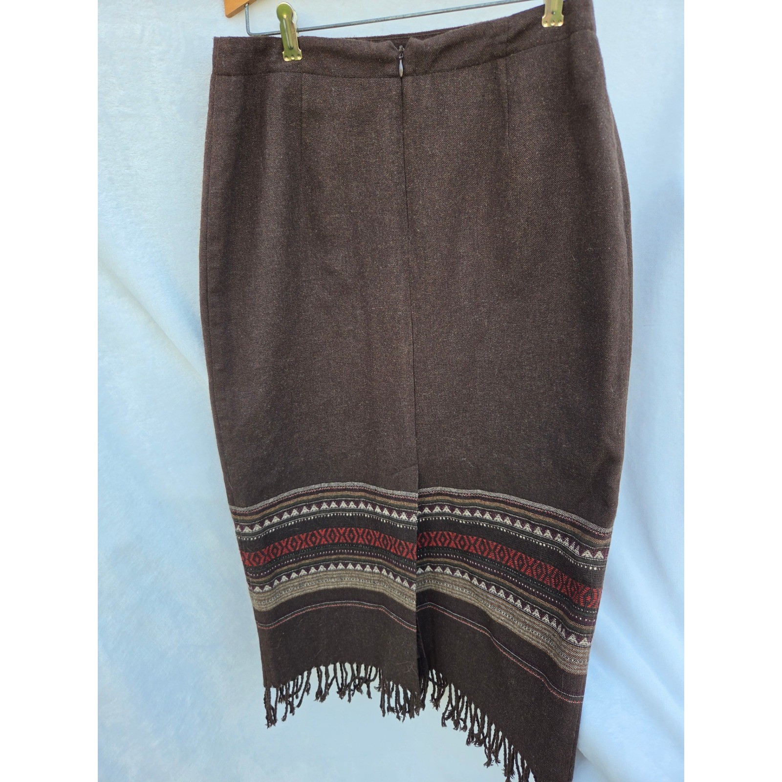 Michele Wool Blend Midi Skirt Womens 10P Brown Fringe Southwestern Vintage Lined