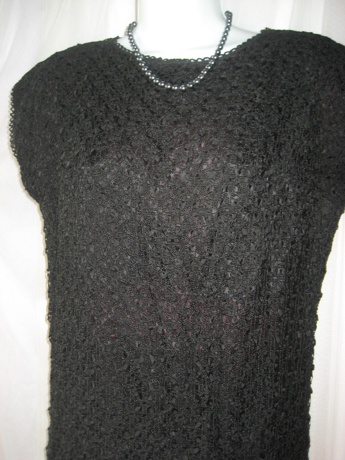 Vintage 1960s Ribbon Dress Black Sheath ?Large-B-40″ No labels Flawed/Mended