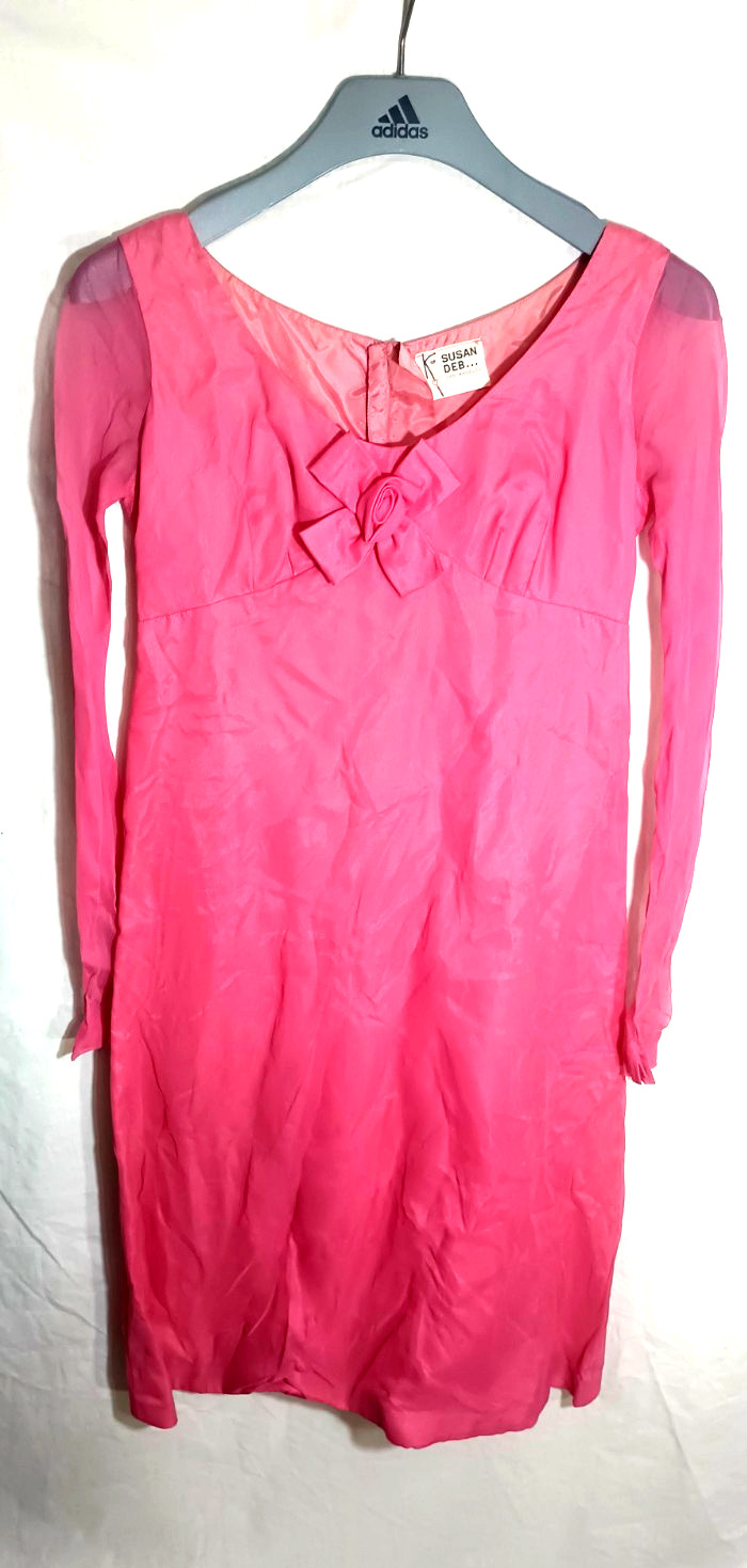 VINTAGE 60s Susan Deb Pink Taffeta Long Sleeve Cocktail Party Dress 32″ C/28″ W