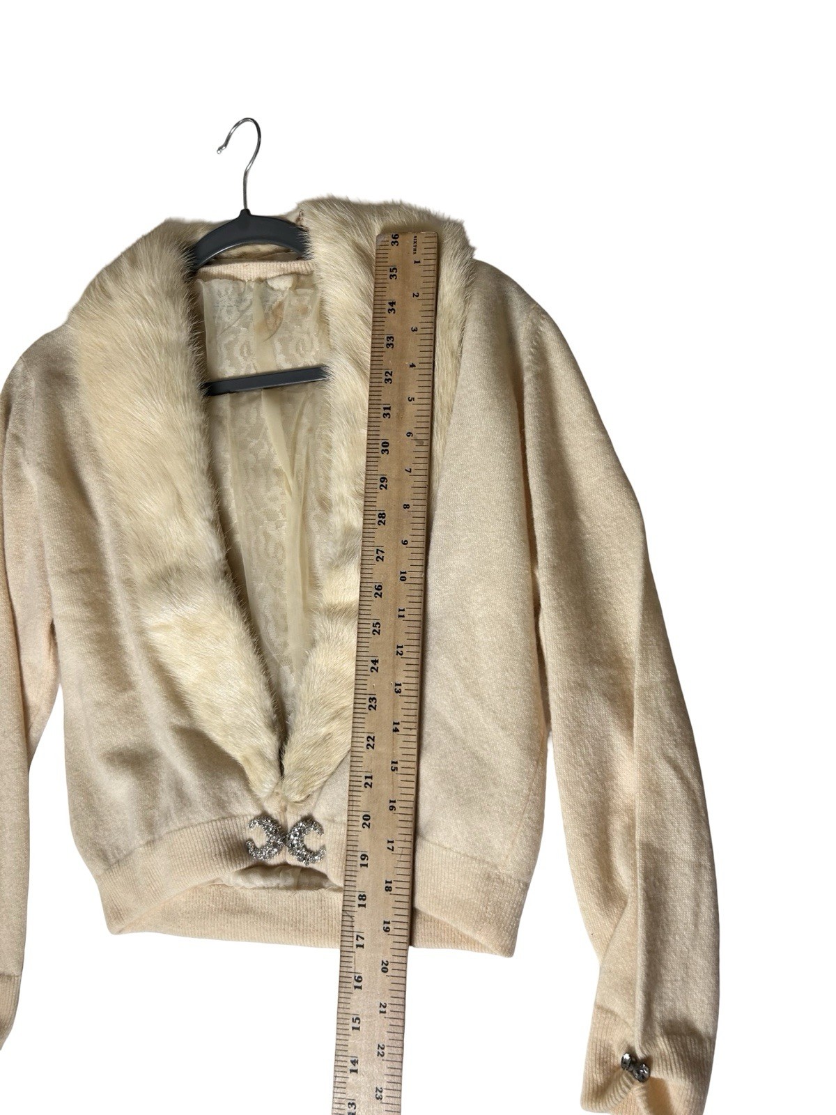 VTG 50s Bernhard Altmann 100% Cashmere Cardigan Sz M Mink FUR Collar Jeweled