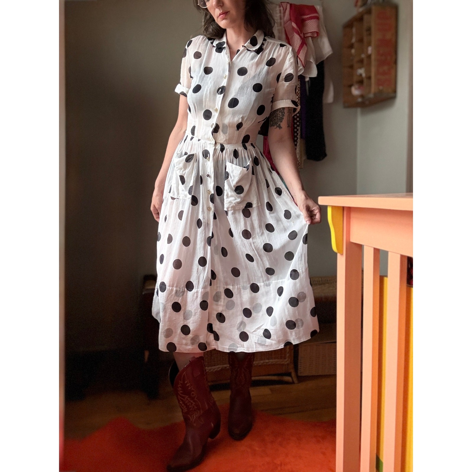 Vintage 50s Cotton Day Dress | Black Polka Dot | Sheer Organdy Fit & Flare | S