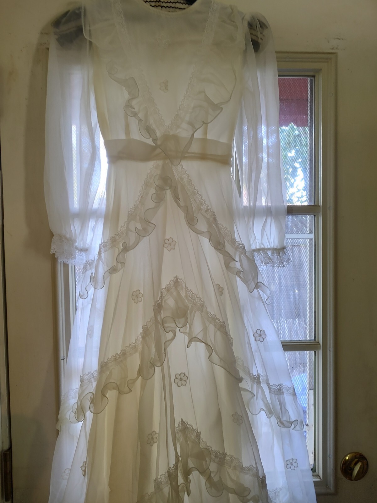 Vintage Adolescent Gunny Style, White Frilly, Shear Dress,Sz M junior.
