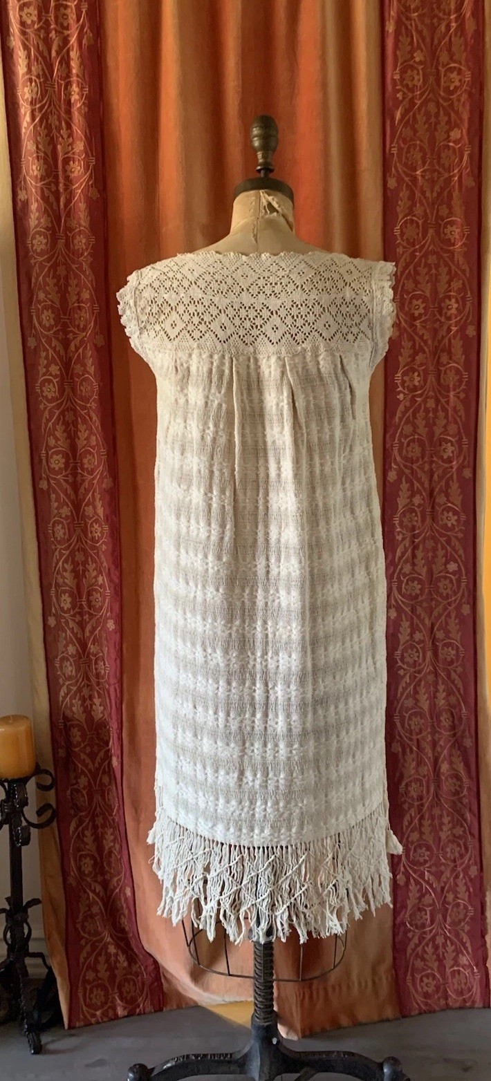 Vintage Hand Woven Cotton 60’s 70’s Dress With Crochet