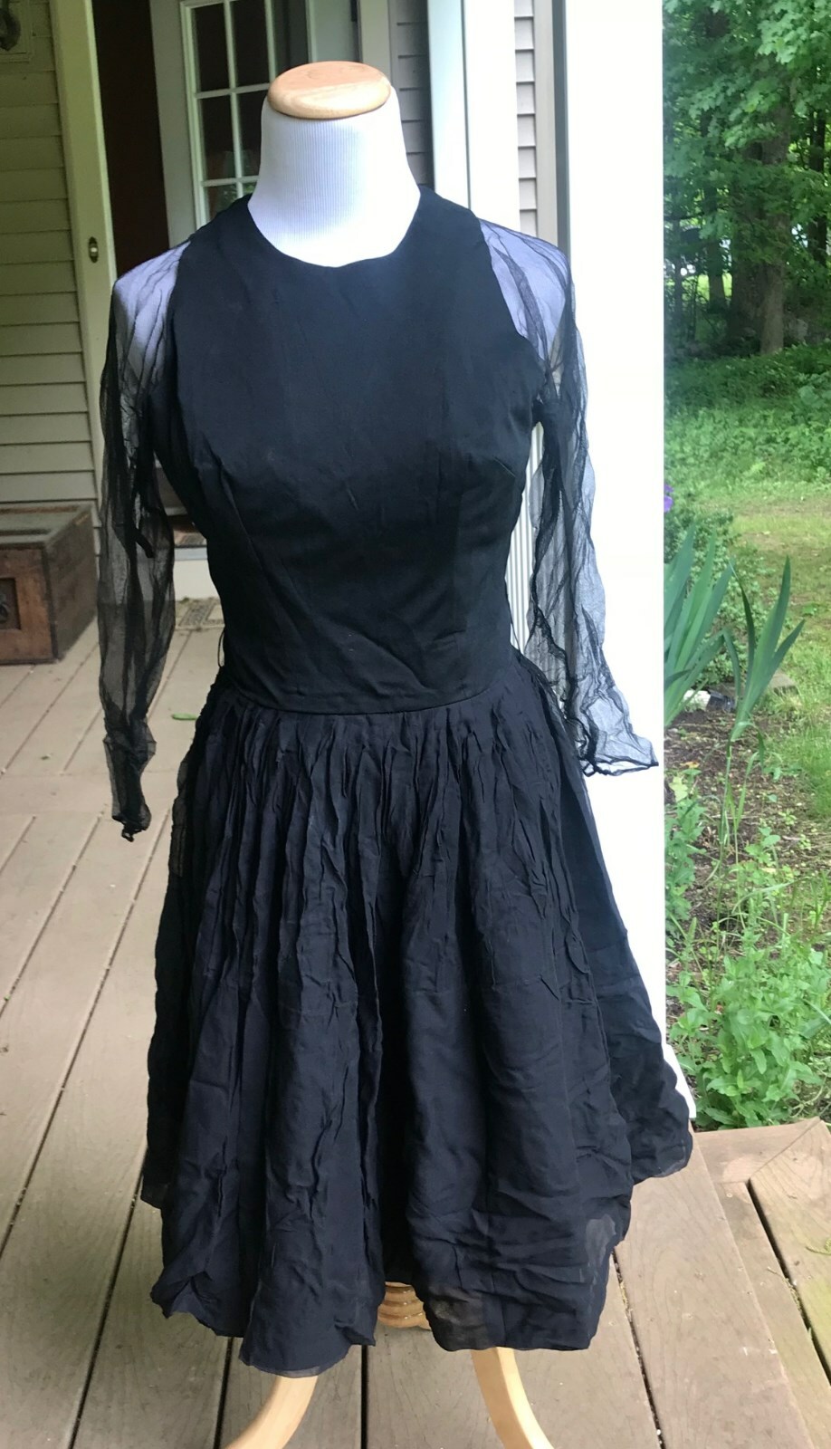 Vintage Handmade Black Flare Dress Sheer Sleeve Audrey Hepburn Style 50s 60s