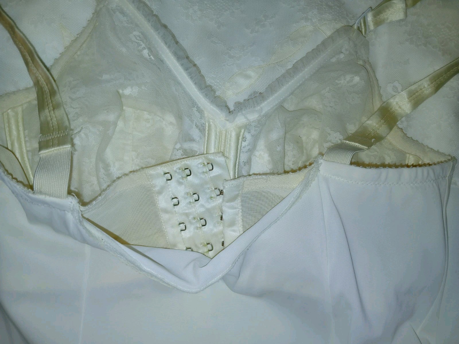 Vintage 50s White Underwire Bra Slip Dress Floral Nylon Lace Applique 32D S