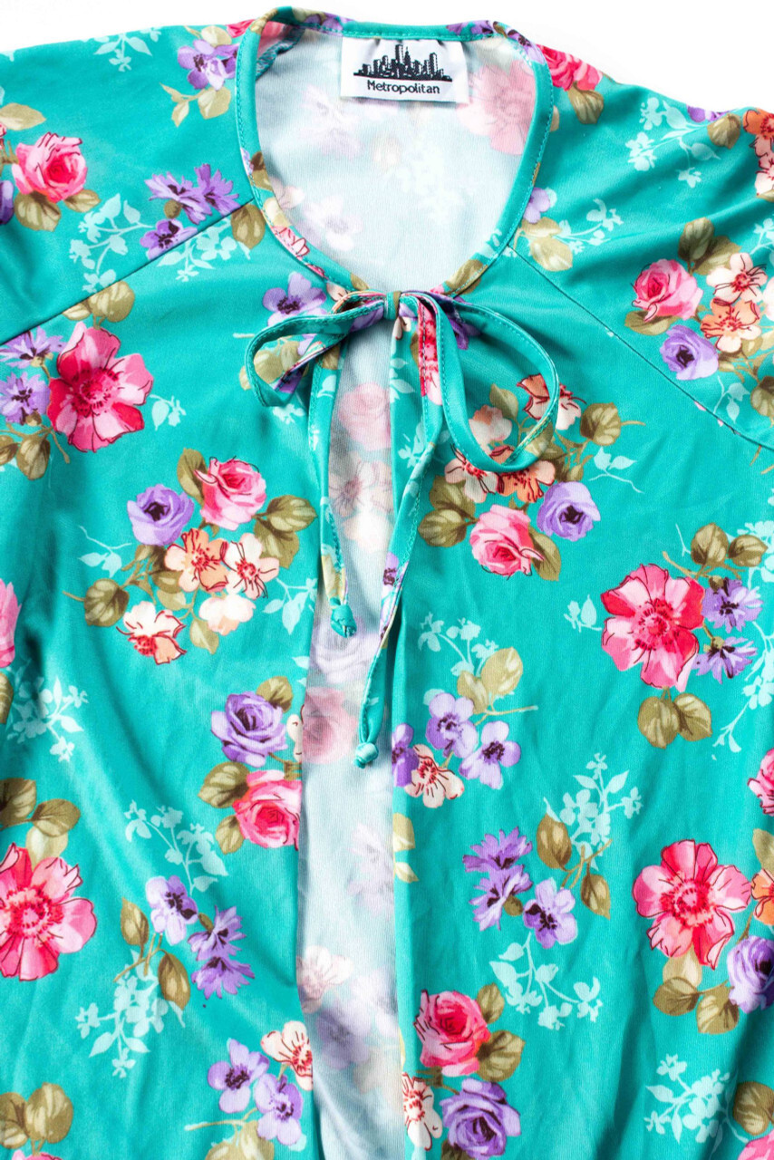 Vintage Metropolitan Small Floral Open Front Blouse Green Boho Chic Top
