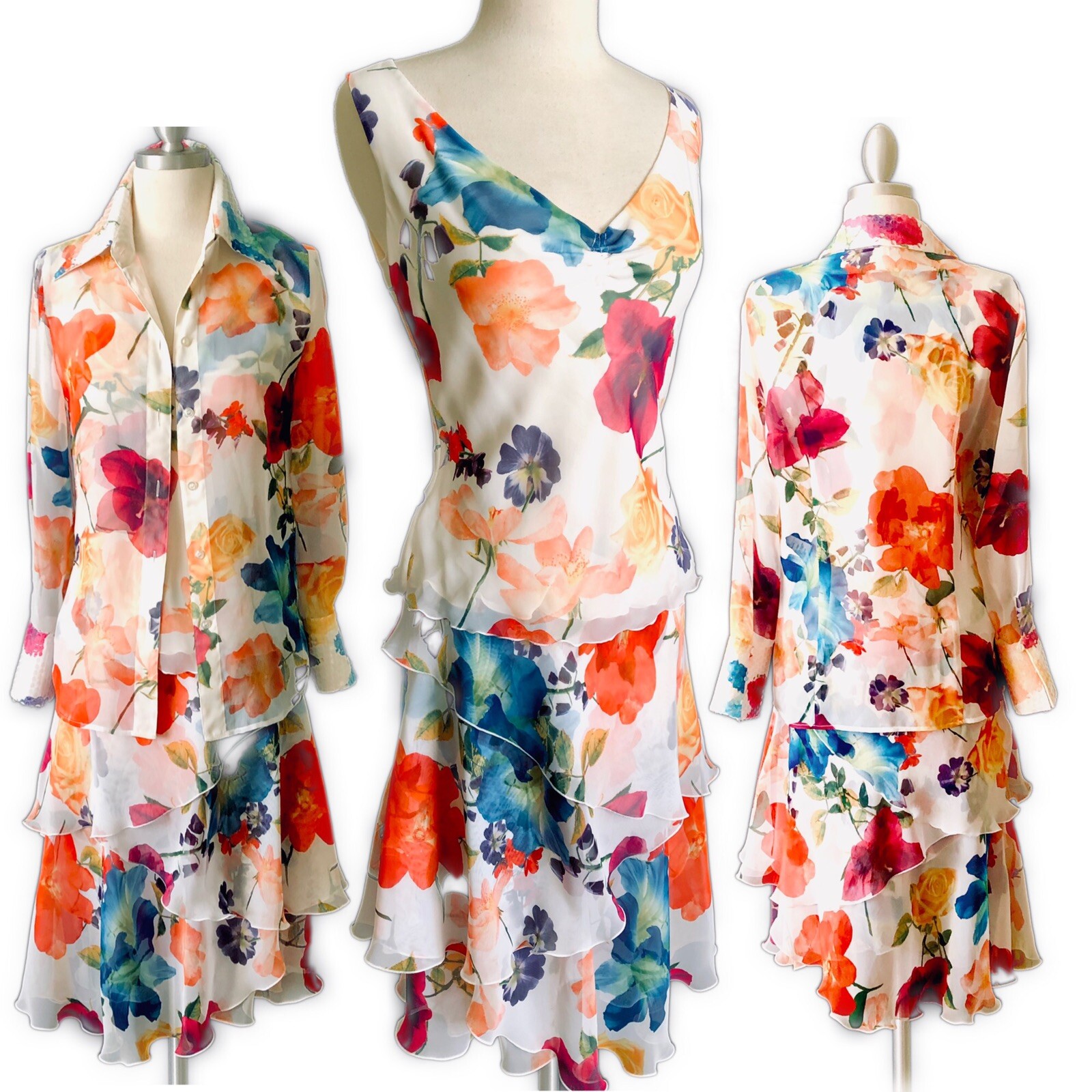 Vintage ESCADA Floral Chiffon 3 PC Ensemble w Sequins SZ 34 US S/M – NWOT