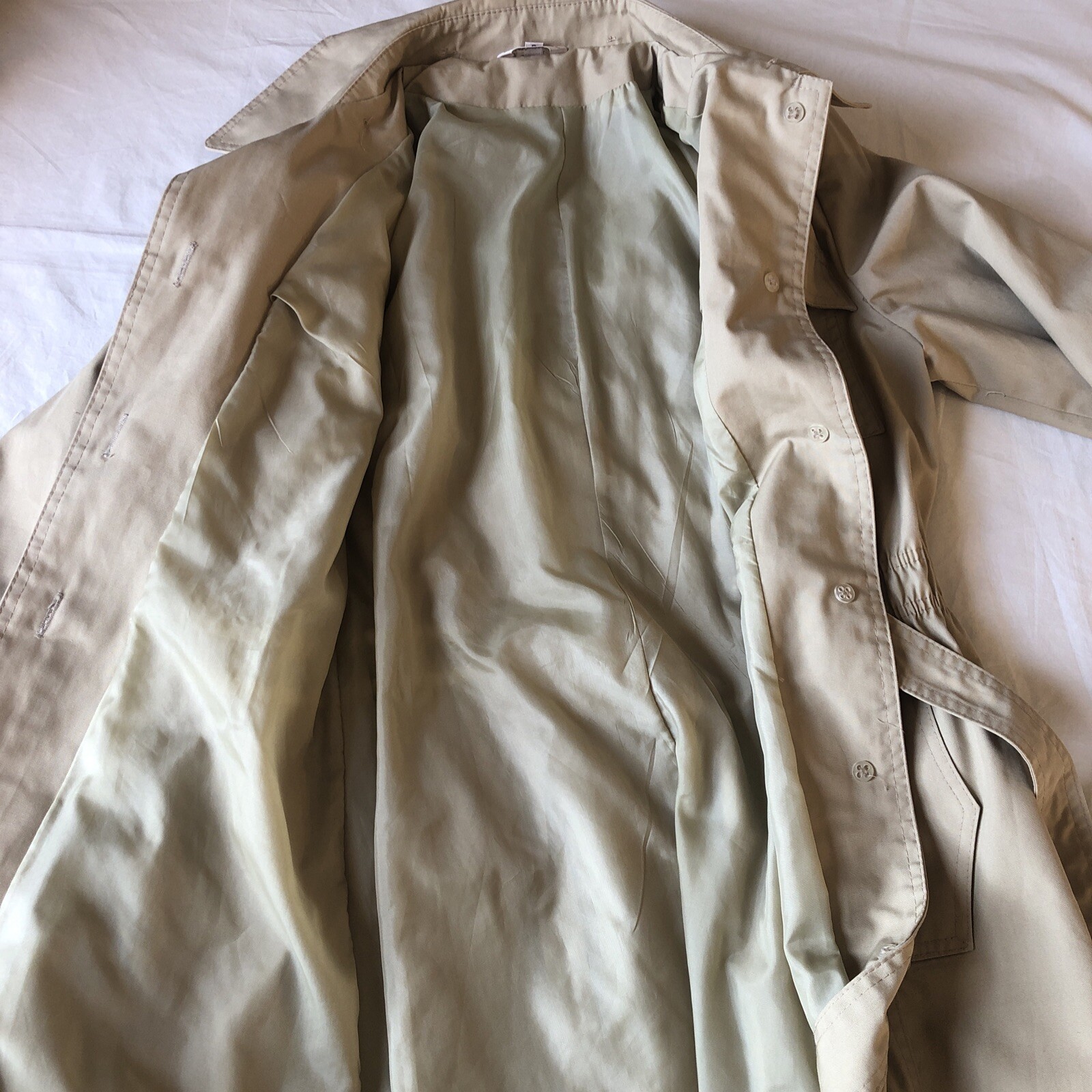 Vtg Sears Bazaar Jrs 9 Beige Khaki Trench Coat Pockets Belted Cinched Lined