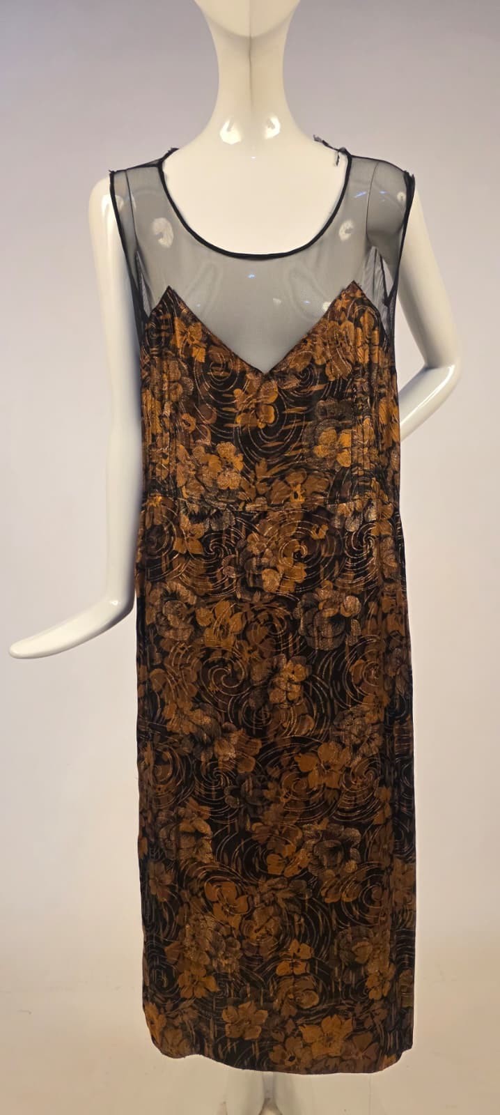 ANTIQUE 1920’S METALLIC GOLD LAME DRESS W SHEER SILK CHIFFON SIDES