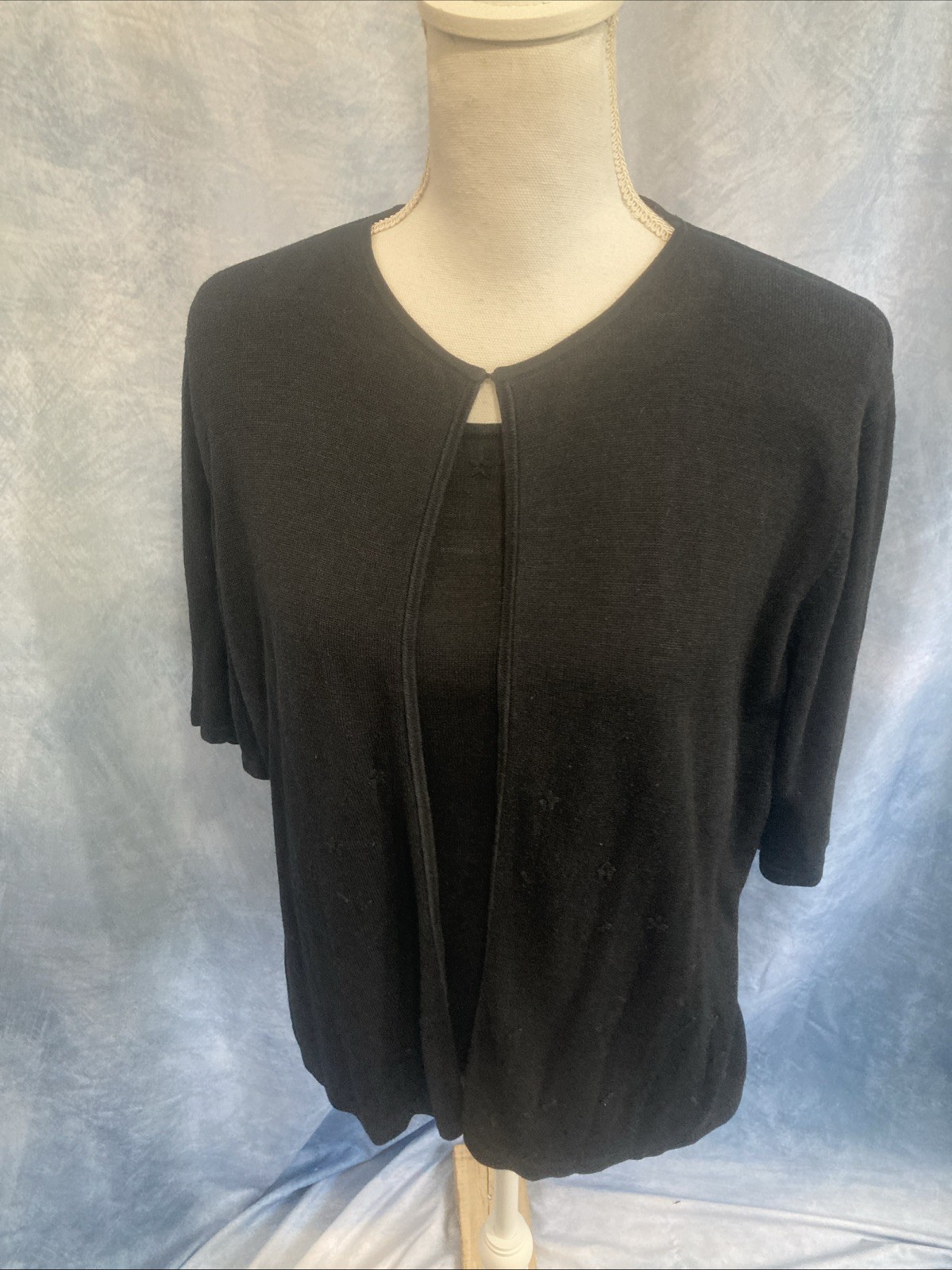 Vtg 90s Norton McNaughton 100% Silk Knit Cardigan Shell Top Floral XL Black