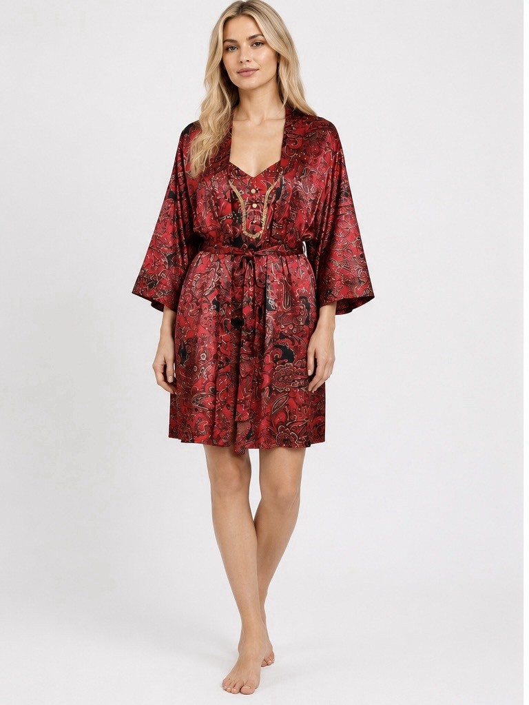 VTG Peignoir Babydoll California Dynasty Nightgown Satin Paisley Robe Set Sz L