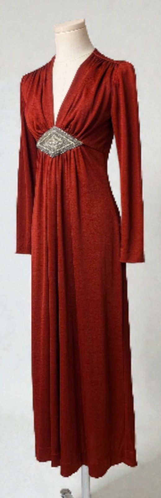 Vintage 70s Joy Stevens Empire Maxi Dress Burgundy Jersey Pearls Beads CZ XS