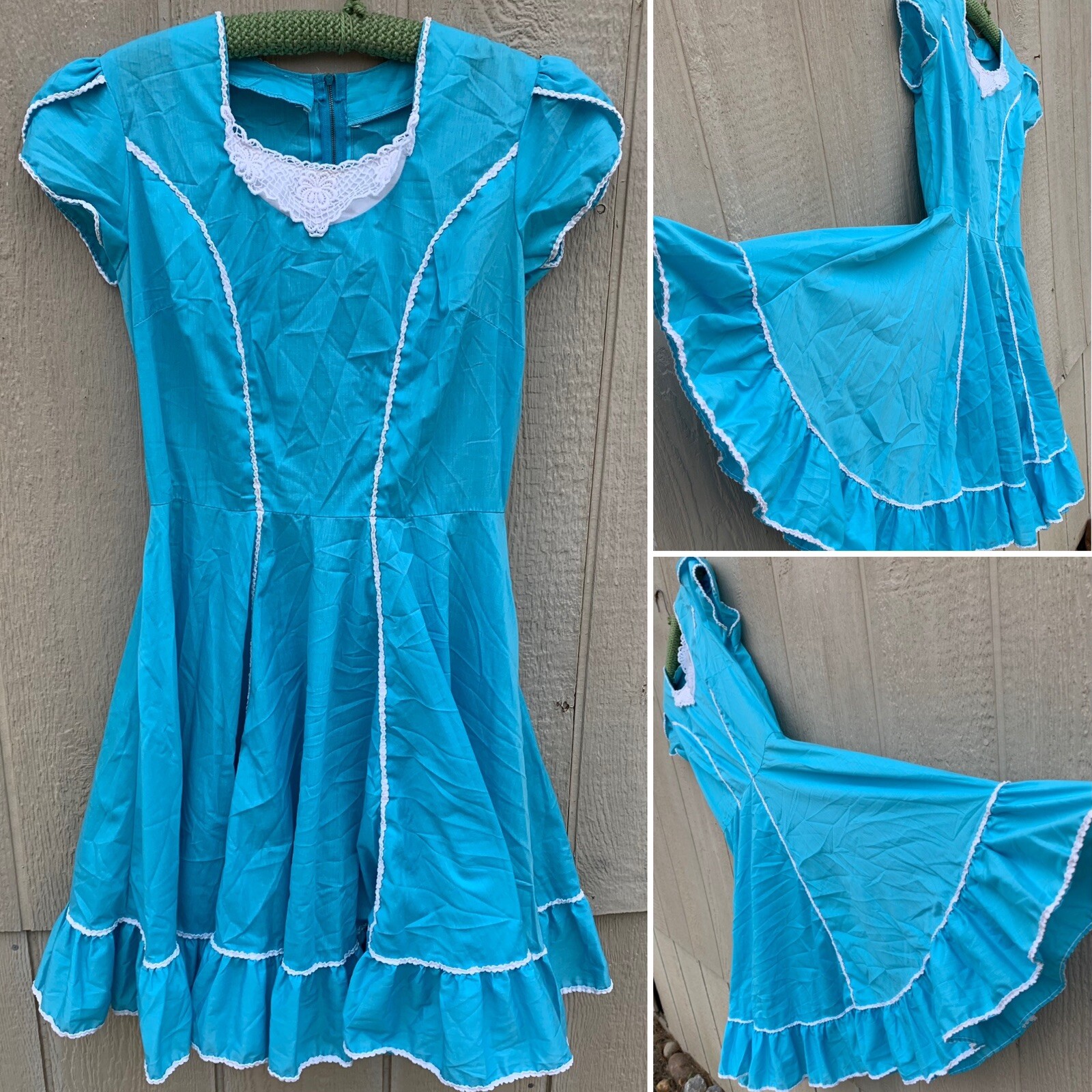 vintage square dance dancing dress with metal zipper blue with white accents