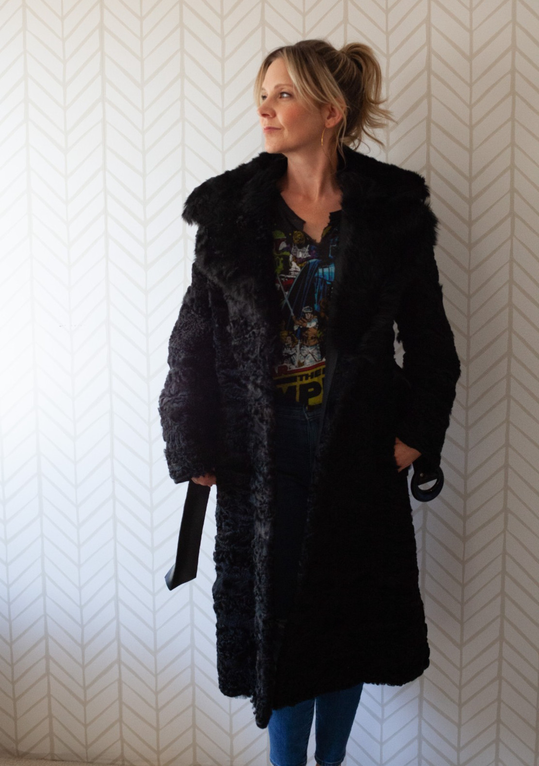 Vintage 70s Women’s Black Trench Style Persian Shearling Fur Belt Mid-Calf Coat