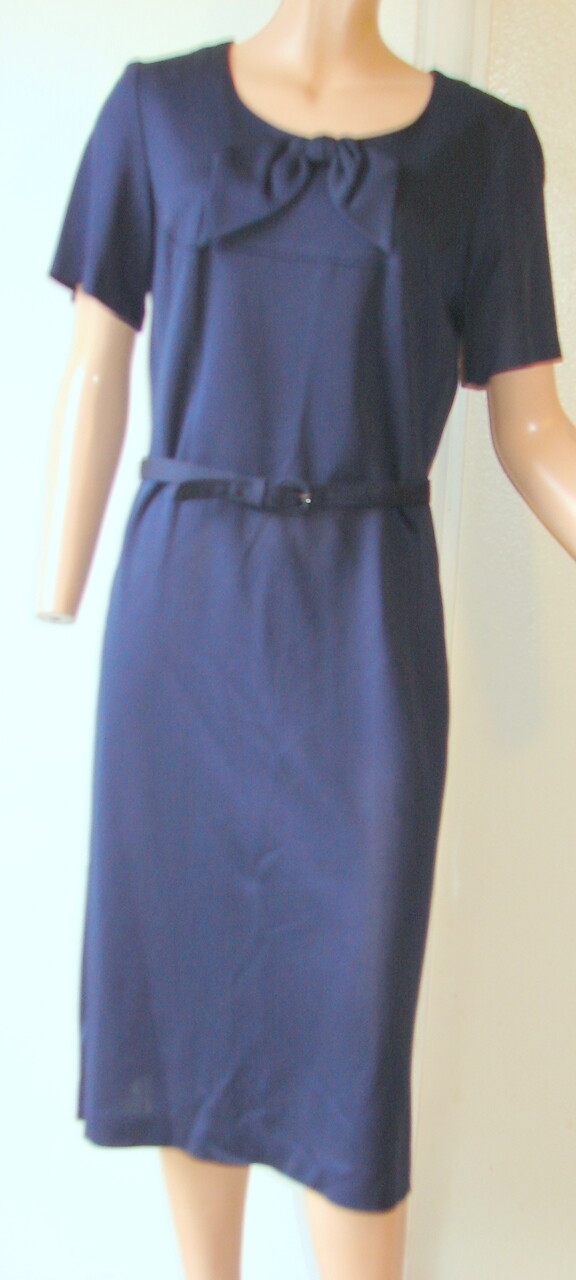 Vintage NAVY BLUE DAY DRESS w/Belt & Bow Double-Knit Poly Sz 16-1/2 d1-7