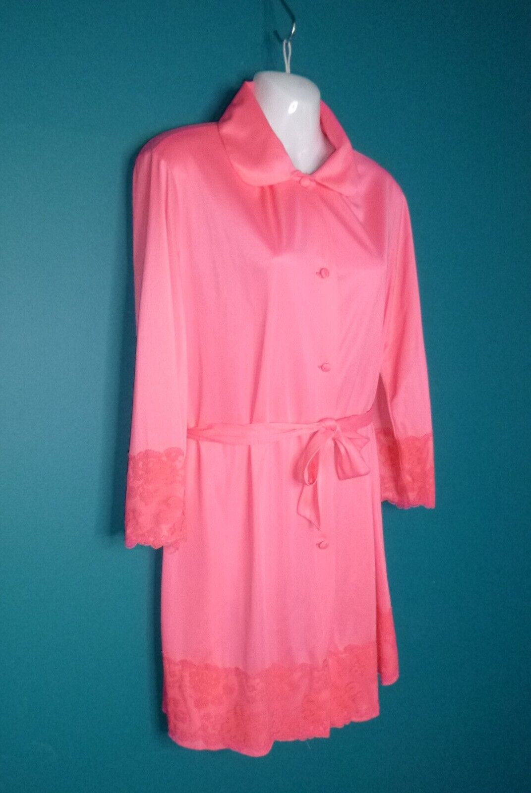Vtg 60s Henson Kickernick Coral Pink Nylon Robe Housecoat Lace Trim Sz M