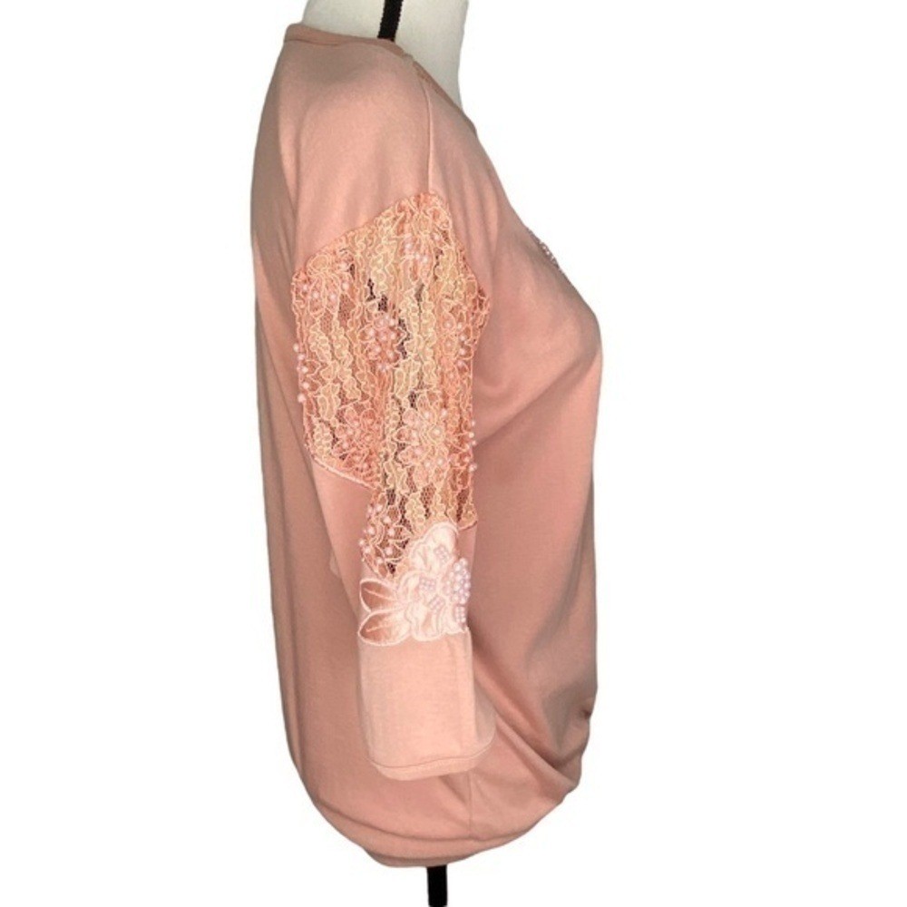 Vintage Recent Works Top Blush Pink Lace Bead Floral Appliqué Half Sleeve Top