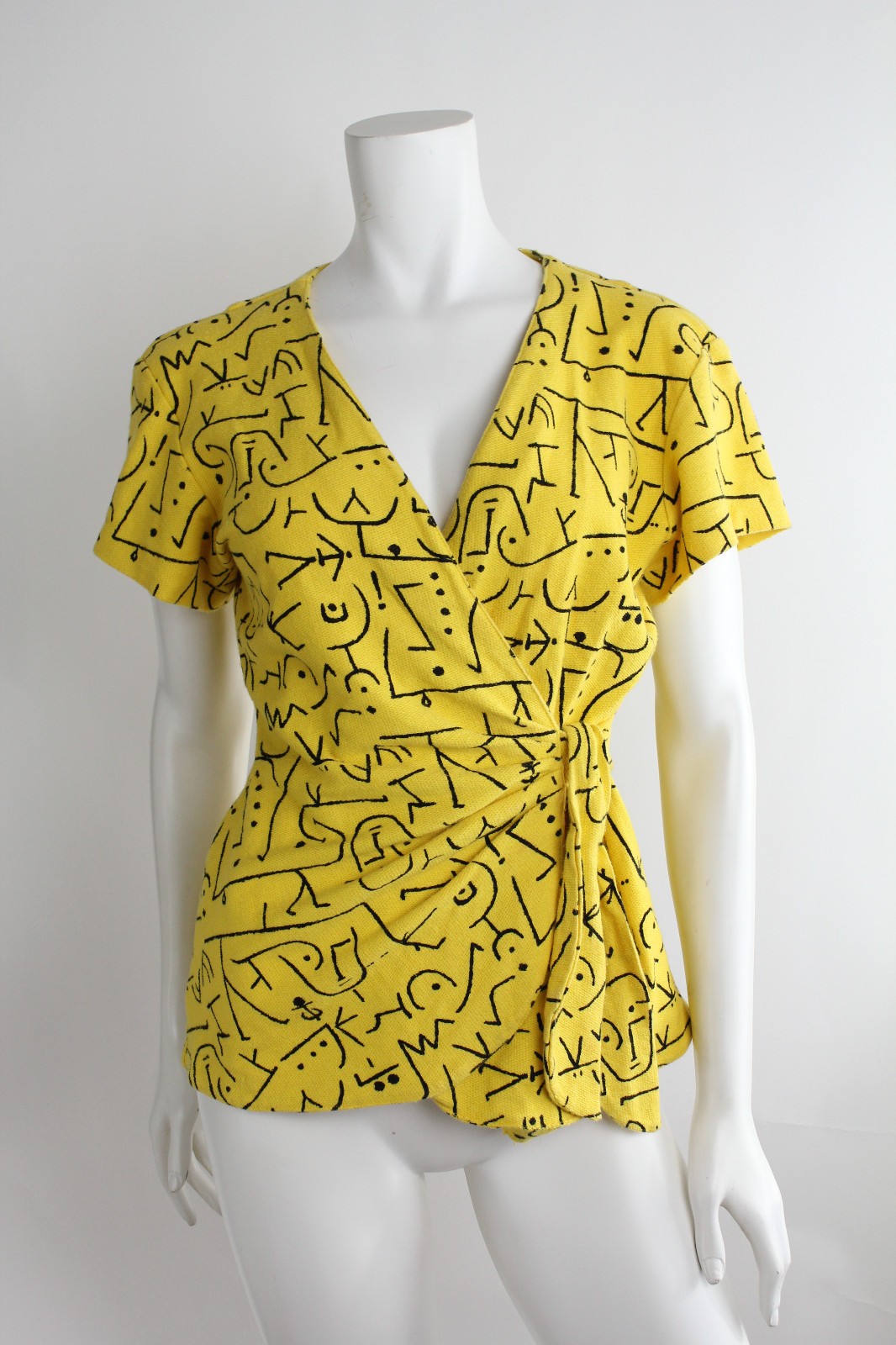 Vtg 80s Abstract Print Rayon Wrap Top Yellow Graphic Blouse 80s Art Print Tie S