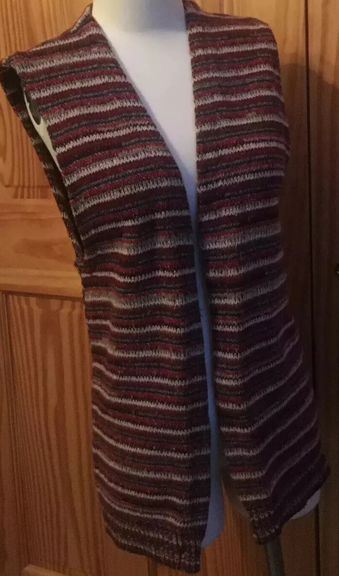 Vintage Fargo 100% Wool Knit Long Sweater Open Vest Striped Burgundy Sz S EUC
