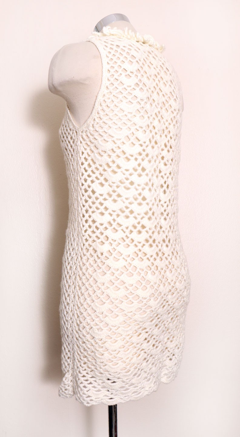 60’s White Crochet Shift Dress Mod Hippie Vintage, Small, 1960’s sheer