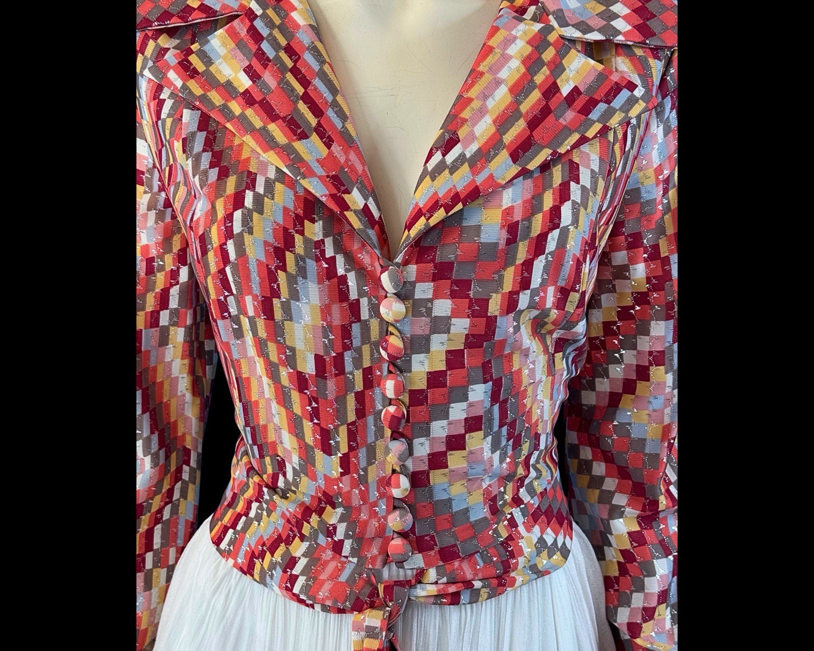 1970s Psychedelic Geometric Mosaic Multi Colour Metallic Tie-Waist Blouse | M