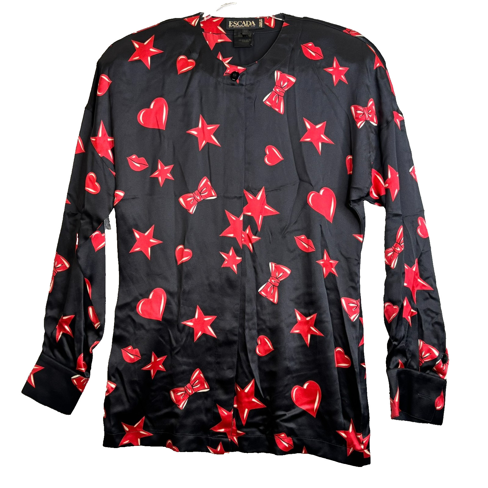 VTG 90s ESCADA Kisses Hearts Stars SILK Blouse sz 34-S Margaretha Lev Germany