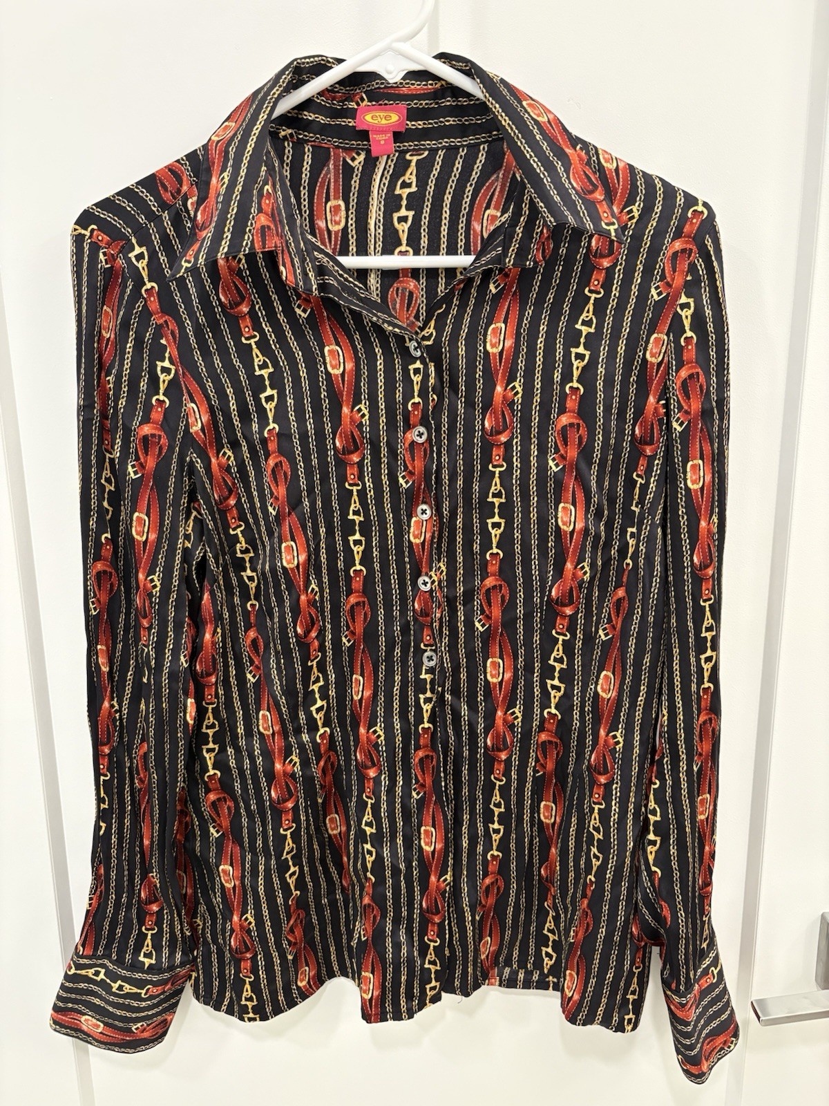 Vintage Y2K Silk Black Gold Red Equestrian Old Money Button Down Size 8