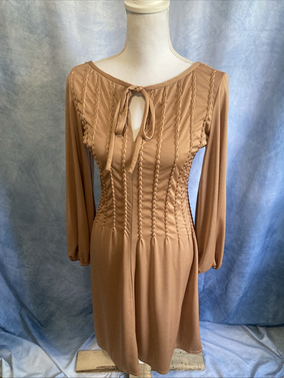 VTG 70s Felix Arbeo Smocked Bishop Sleeve Dress Union Made Camel Poly Modern XS