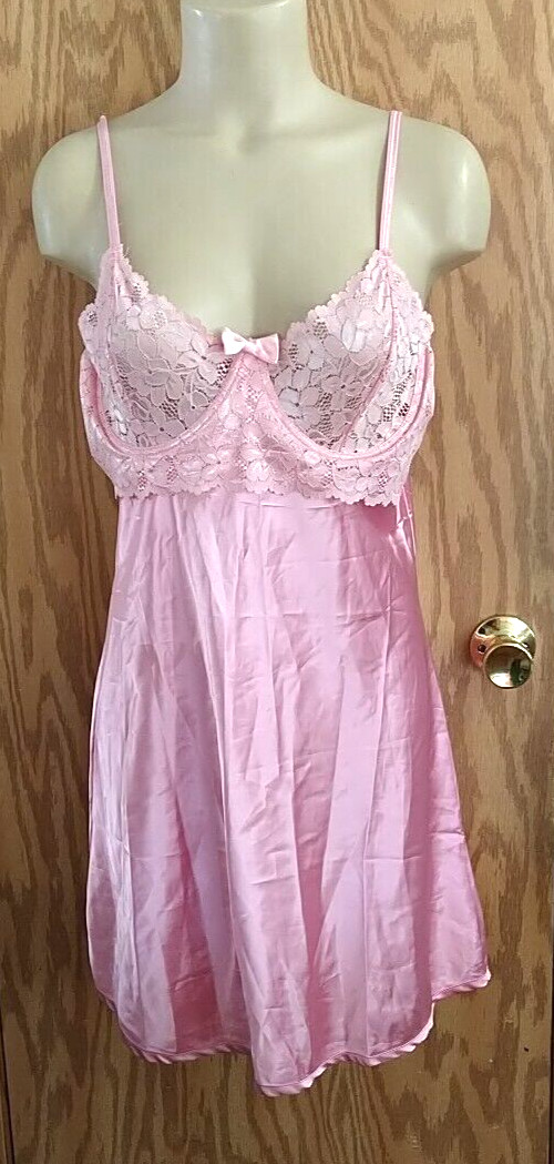 Elegant Moments Satin Silky Nightgown Long Dress Gown Sexy Lace Size 1X PINK NEW