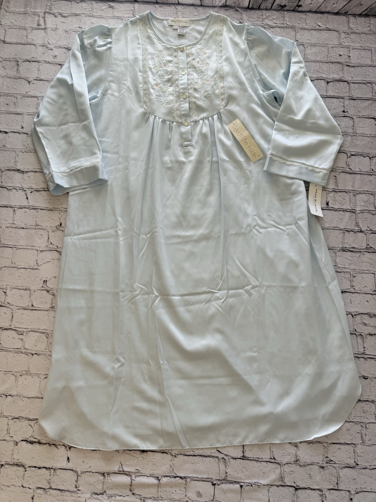 Vintage Miss Elaine XL Granny Long Nightgown Gown Lt Blue Embroidered Lace NWT