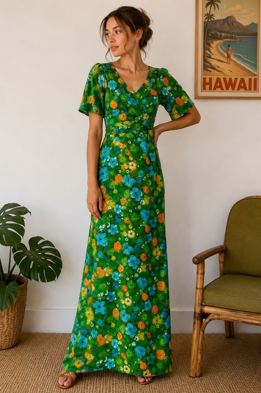 Vintage 60s Hawaiian Floral Hostess Dress Green Orange Island Casuals Waikiki