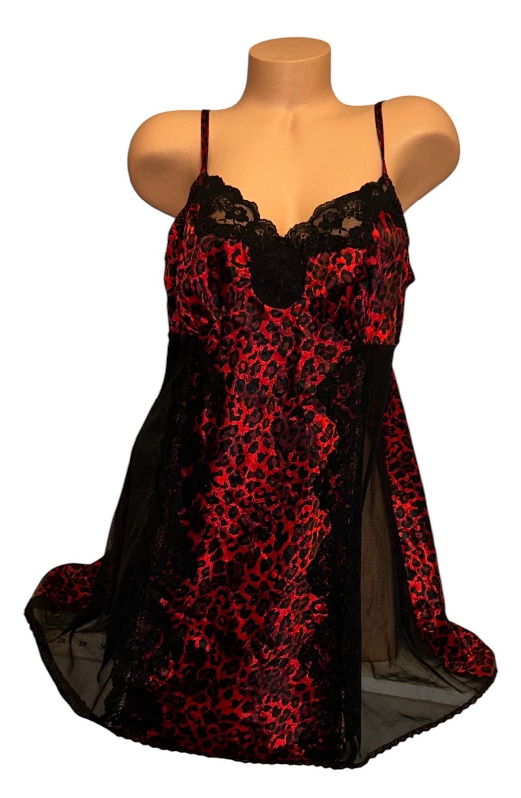 Cacique Red Shiny Satin Black Cheetah Leopard Sheer Nightie Nightgown 14/16