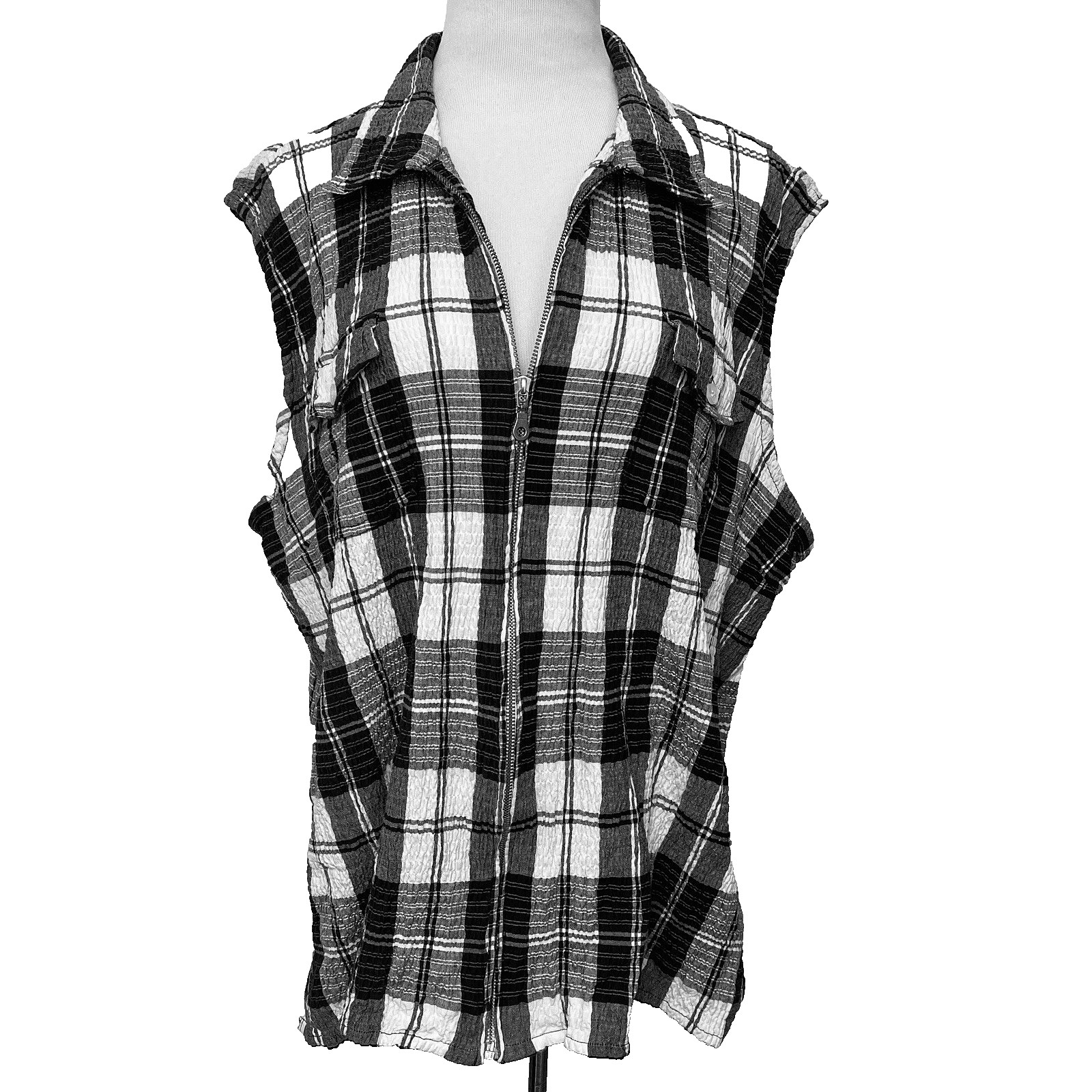 Vtg Vest Top 3X Plaid 100% Puckered Cotton ZipUp Breathable Walking Casual e