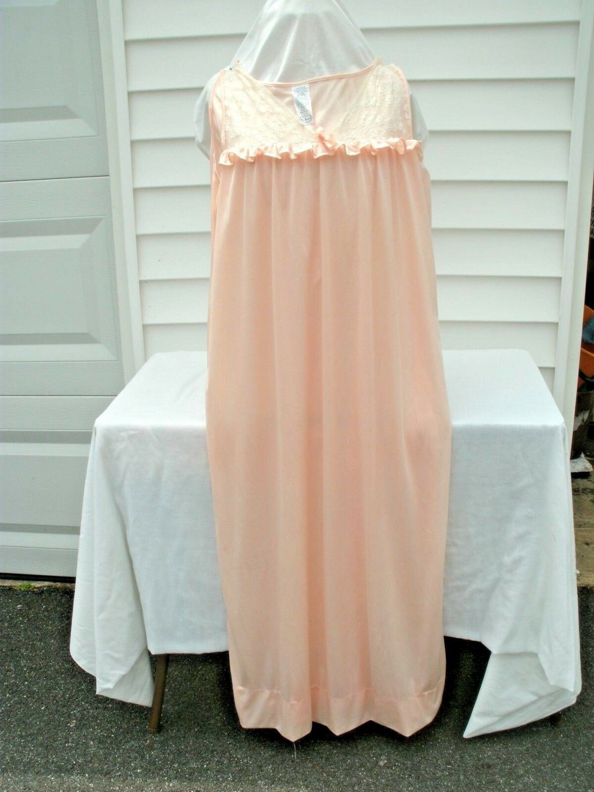 Vtg Nightgown by Miss Swank~Peach & Pink White Lacey Coat~ 12/14 & L [2 pcs]