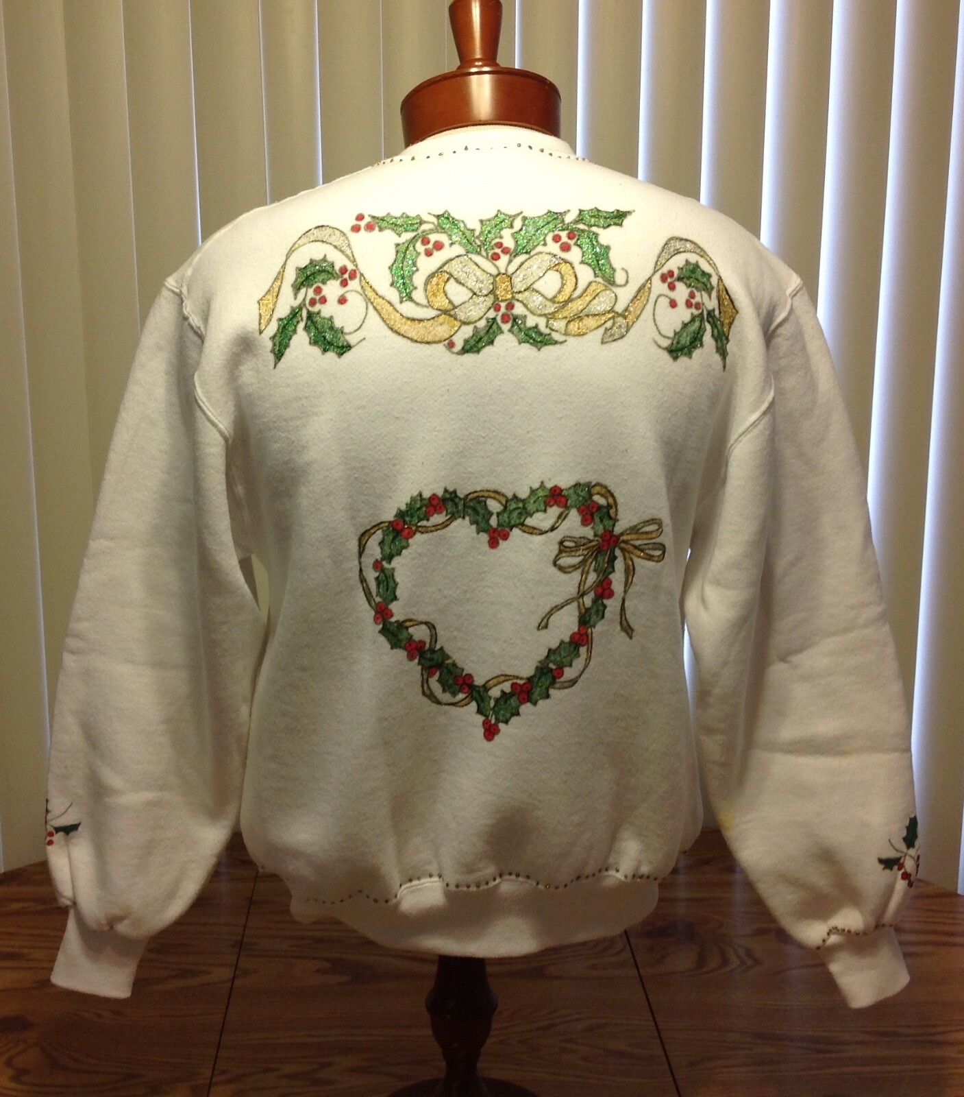 VTG 90s Ugly Christmas Sweater Sweatshirt White Hand Painted Russell Athletic M