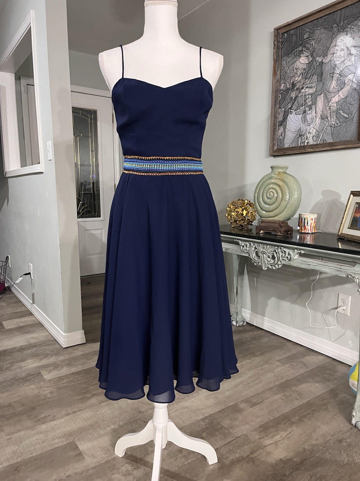 Vintage Joy Stevens Navy Fit And Flare Lined Dress Accent Waist Fits Sz 8