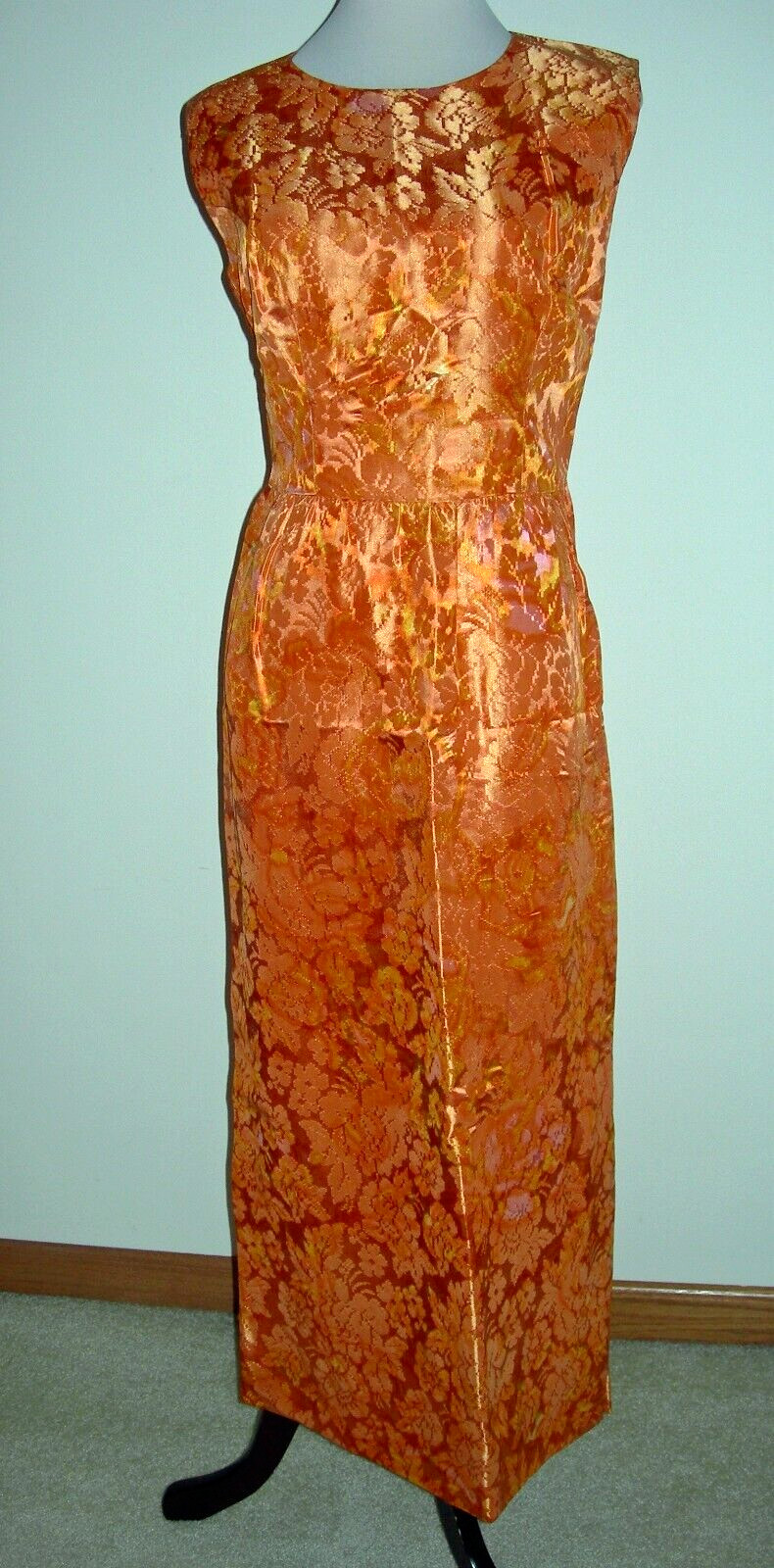 Vintage VTG Orange Brocade Cocktail Gown BONWIT TELLER TOWNLEY XS-S Pockets