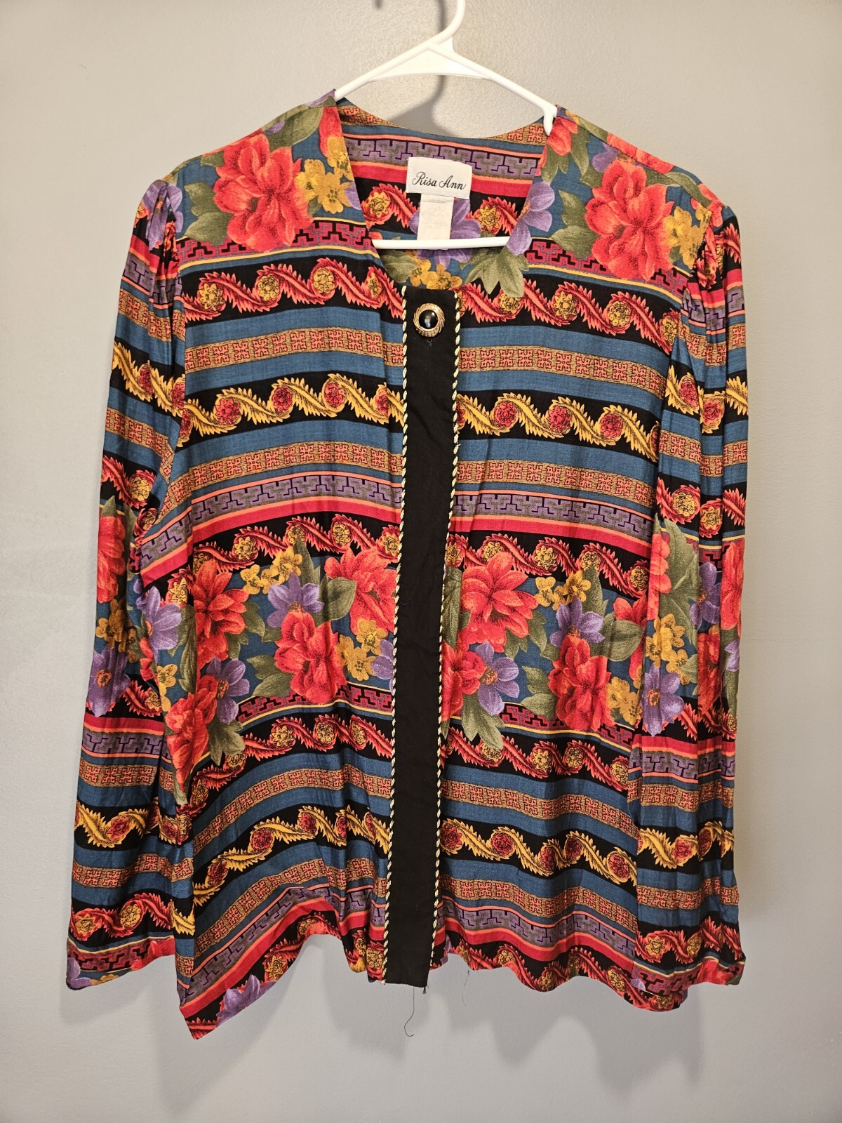 Vtg Risa Ann Shirt Womens 16 1/2 Colorful Light Shacket Floral 80s 90s Rainbow