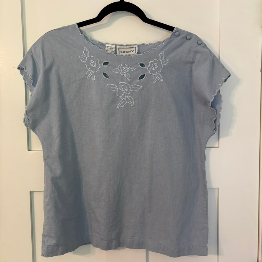 Vintage 90s B.Bronson Blue Linen Eyelet Blouse 14 Cottagecore Scalloped Boho
