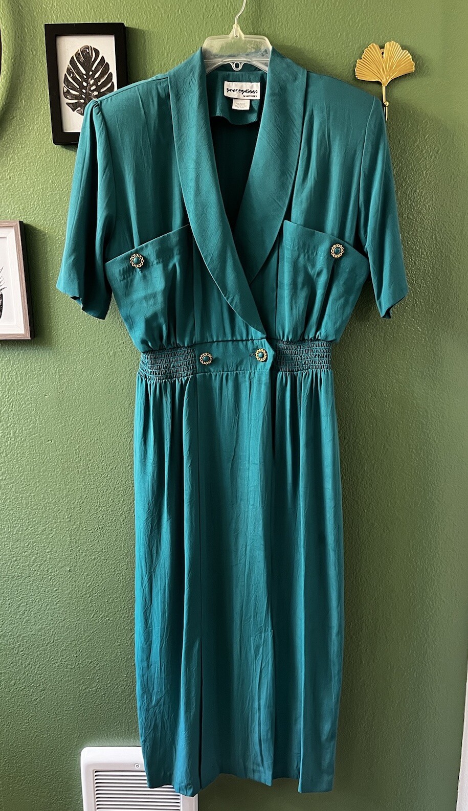 PERCEPTIONS Green CAREER Button Short Sleeve Collar Rayon DRESS