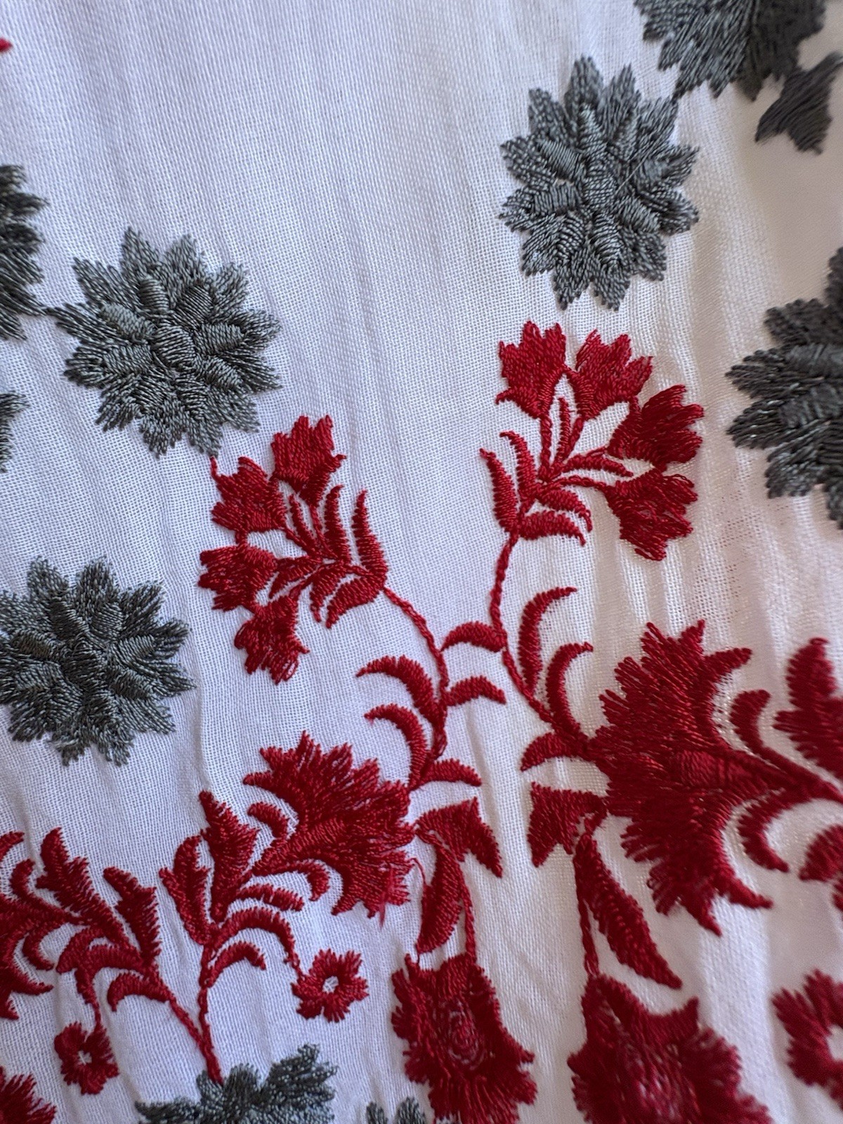 Vintage Handmade Tunic Kurta – Red & Gray Crewel Embroidery, BEAUTIFUL