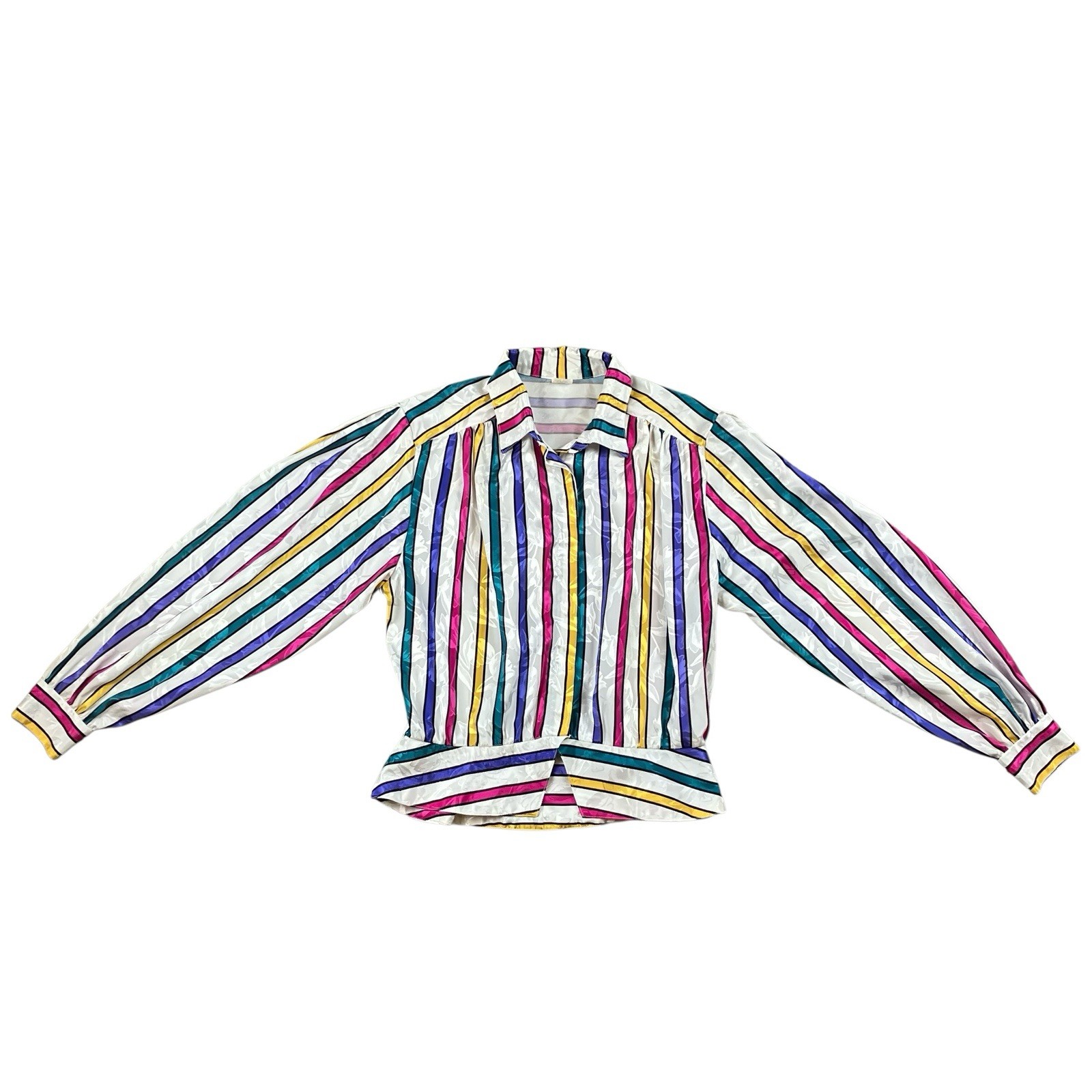 VTG 80s 90s Long Sleeve Colorful Striped Blouse Women’s 10 Silky Feel