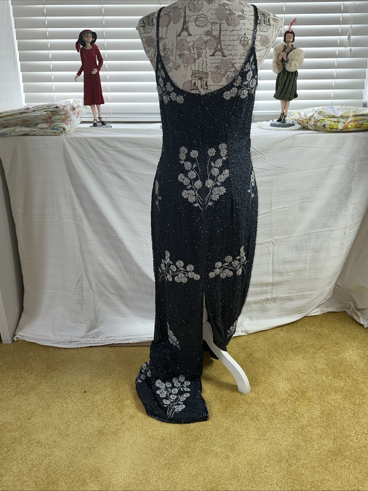Vintage Papell Boutique Evening Grey Beaded Evening Gown Silk Size 8