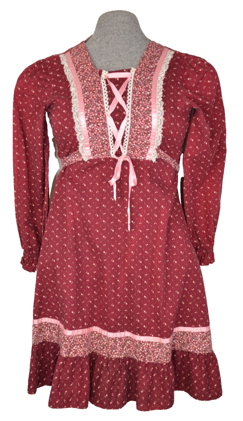 Prairie Mini DRESS Vtg 1970s Floral Lace Up Ruffle Tucks Corset Large 26W x33 XS