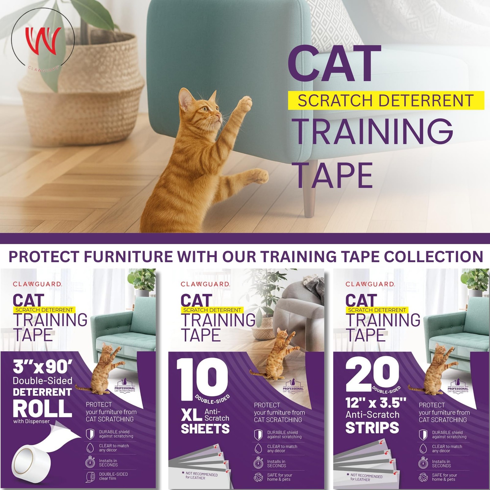 CLAWGUARD Cat Training Tape Sheets 10 XL 17×11.5 Double-Sided Furniture Protecto