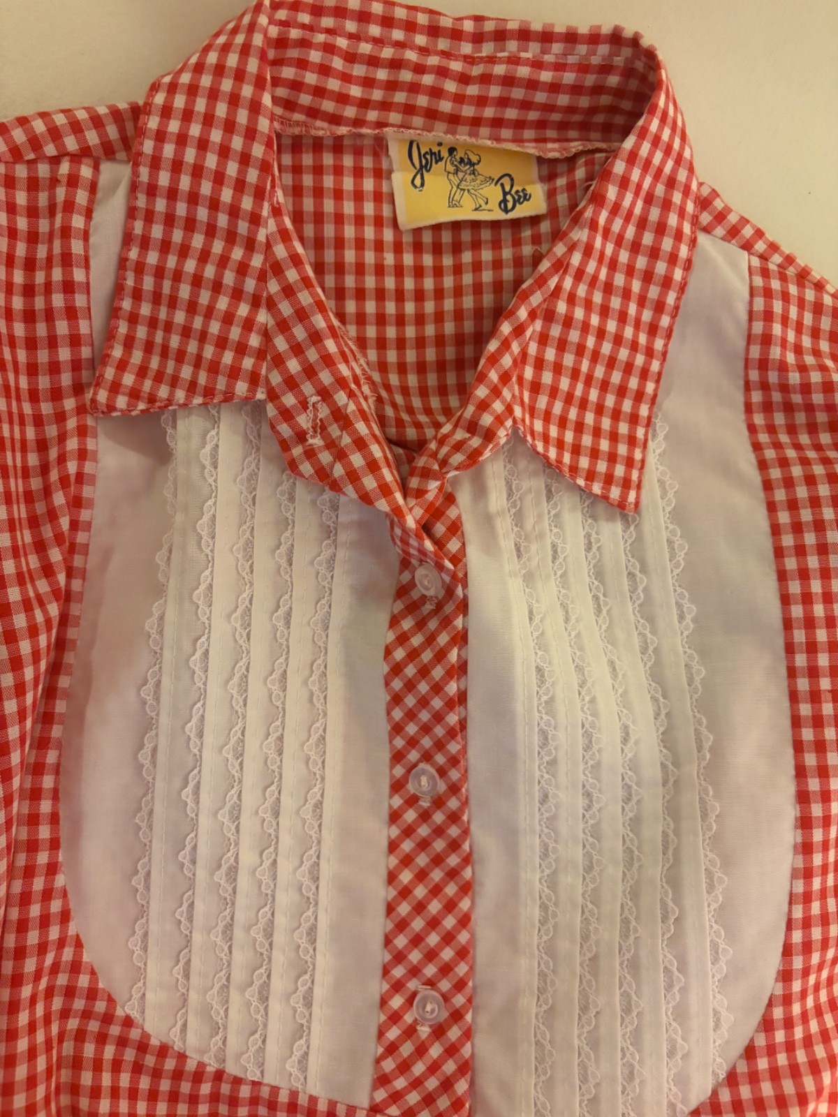 Vtg Blouse Top Jeri Bee Square Dance Lace Red Gingham Prairie Rockabilly X1